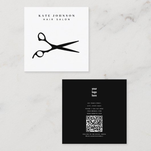 Friseur-Stylist-Schere Barber QR-Code-Firmenlogo Quadratische Visitenkarte (Vorne/Hinten)