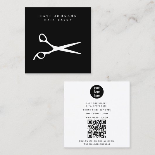 Friseur-Stylist-Schere Barber QR-Code-Firmenlogo Quadratische Visitenkarte (Vorne/Hinten)