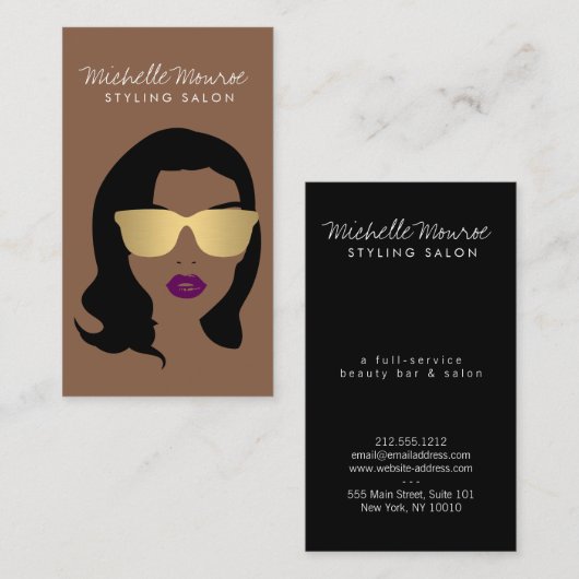 Friseur, Stylist, Schönheit Girl Brown Visitenkarte (Vorne/Hinten)
