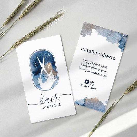 Friseur-Stylistin-Schere & Hand-Logo-Aquarellsalon Visitenkarte