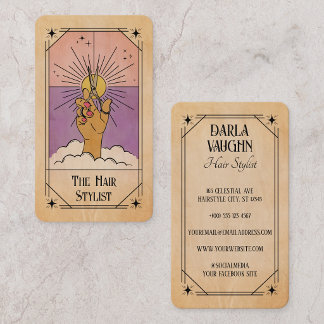 Friseur Tarotkarte Pink Purple Haar Celestial Sun Visitenkarte
