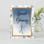 Friseur Vintag Blauer Blumensalon Eröffnung Einladung (Stehend Vorderseite)