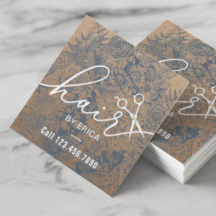 Friseur Vintage Blau Floral Rustikal Kraft Quadratische Visitenkarte