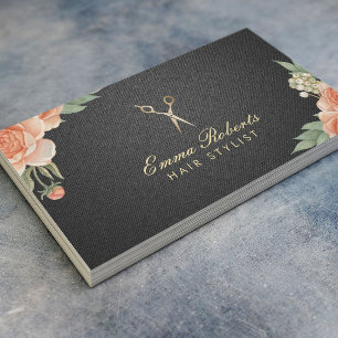 Friseur Vintage Floral Elegant Schwarz & Gold Visitenkarte