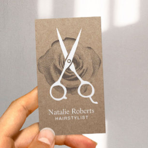 Friseur Vintage Schere & Blume Rustikaler Kraft Visitenkarte