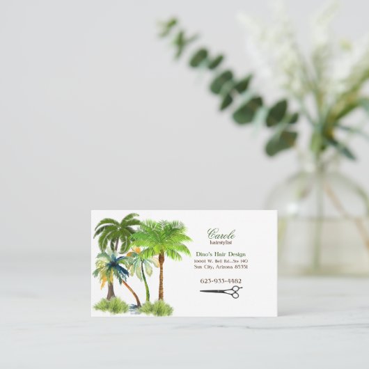 Friseurpalmenbaum & Schere Visitenkarte (Stehend Vorderseite)