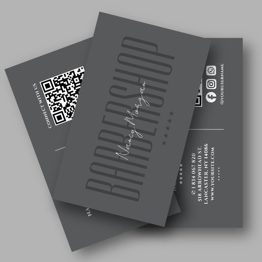 Friseursalon-Barbier Dark Grey Modern QR-Code Visitenkarte