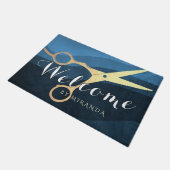 Friseursalon Blue Gold Scissors Willkommen Fußmatte (Schrägansicht)