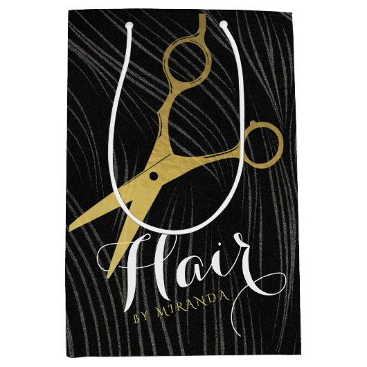 Friseursalon Fairstylist Moderne Black Gold Schere Mittlere Geschenktüte (Vorderseite)