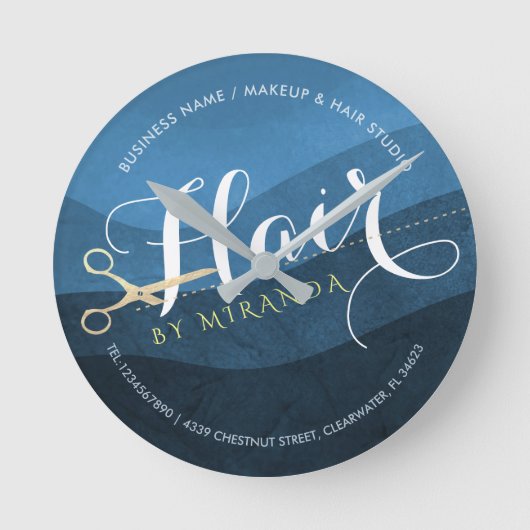 Friseursalon Friseursalon Moderne Blue & Gold Sche Runde Wanduhr (Vorderseite)