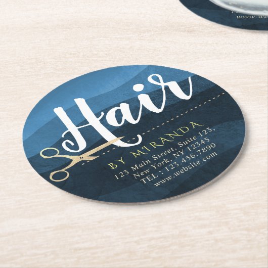 Friseursalon Friseursalon Moderne Blue & Gold Sche Runder Pappuntersetzer (Angewinkelt)