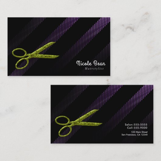 Friseursalon für Lila und grüne Schere Visitenkarte (Vorne/Hinten)