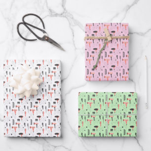 Friseursalon Hairstylist Haartrockner Kämme Pink Geschenkpapier Set