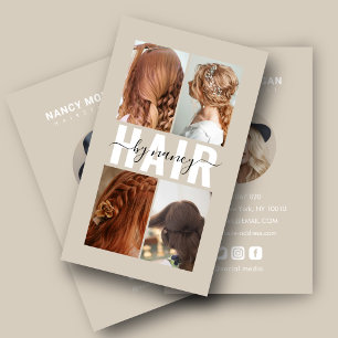 Friseursalon Kalligrafie-Script Foto-Collage Beige Visitenkarte