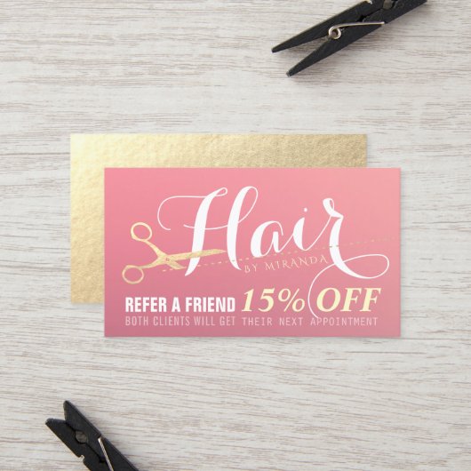 Friseursalon Makeup Salon Moderne rosa Goldschere Empfehlungskarte (Vorderseite/Rückseite Beispiel)