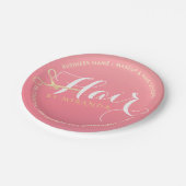 Friseursalon Makeup Salon Moderne rosa Goldschere Pappteller (Schrägansicht)