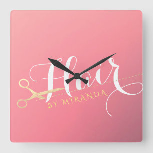 Friseursalon Makeup Salon Moderne rosa Goldschere Quadratische Wanduhr
