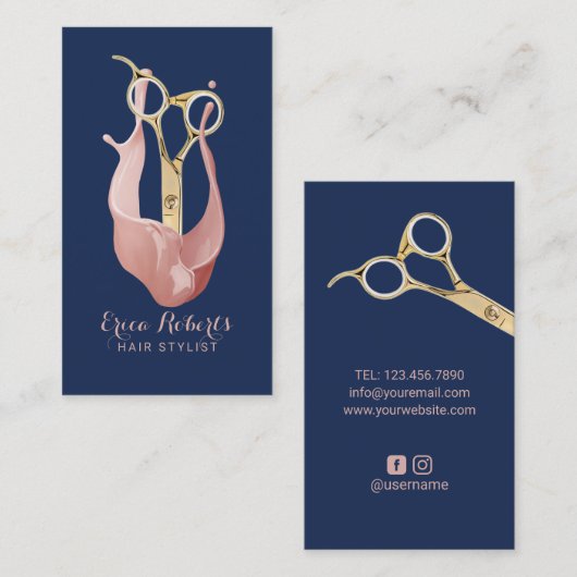 Friseursalon Moderne Rose Gold Navy Blue Hair Styl Visitenkarte (Vorne/Hinten)