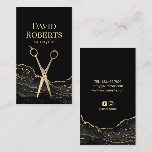 Friseursalon Moderner Black Gold Marmor Friseur Visitenkarte (Vorne/Hinten)