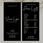 Friseursalon Nails Wellness-Center Black & Silver  Werbekarte<br><div class="desc">Glam Preisliste in Schwarz und Imitat Silber mit Platz für Ihr Logo, Geschäftsdetails und Ihre Servicepreise. Ideal, um als Preismenü für Ihre Beauty-Bar, Friseur oder Boutique zu dienen. Der Chrom-Skript-Schriftart von Imitate verleiht dieser preisgekrönten Rackkarte ein trendiges Gefühl. Benutzen Sie es als Service-Menü für Lash & Brows, Nägel Wellness-Center, Haarstylisten...</div>