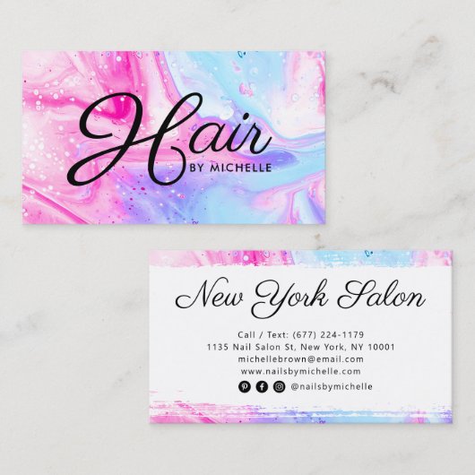 Friseursalon Pink Blue Girl abstrakte Aquarellkuns Visitenkarte (Vorne/Hinten)