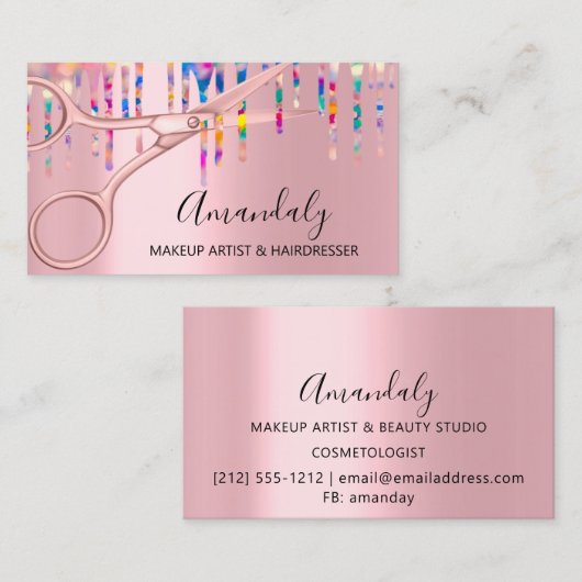 Friseursalon Pink Holograph Scissy Visitenkarte (Vorne/Hinten)