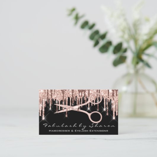 Friseursalon Schere Rose Tropfen Schwarz Visitenkarte (Stehend Vorderseite)