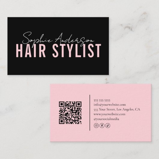 Friseursalon Schwarz und Rosa QR-Code Visitenkarte (Vorne/Hinten)