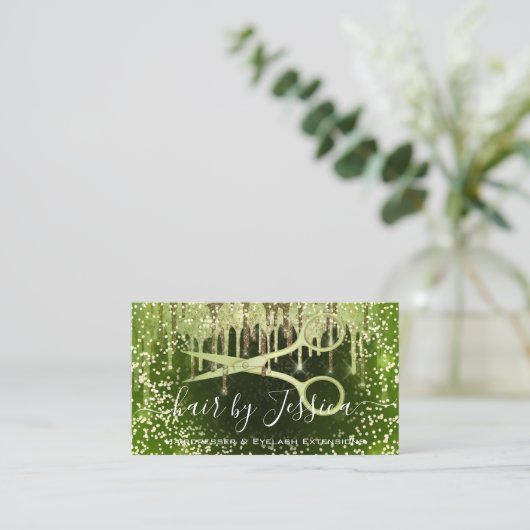 Friseursalon Stylist Friseur Schere Grün Visitenkarte (Stehend Vorderseite)