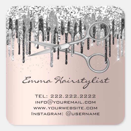 Friseursalon Stylist Scheren Tropfen Glitzer Quadratischer Aufkleber (Vorderseite)