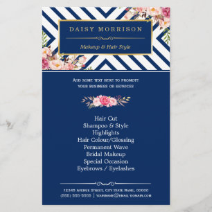 Friseursalon Vintage Blumen Navyblau Streifen Flyer