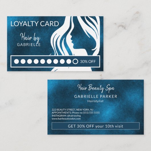 Friseursalon, weiß und blau, moderner Loyalopunkt Visitenkarte (Vorne/Hinten)