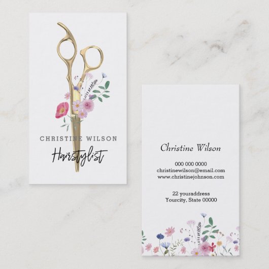 Friseurschere Wildblumen Visitenkarte (Vorne/Hinten)