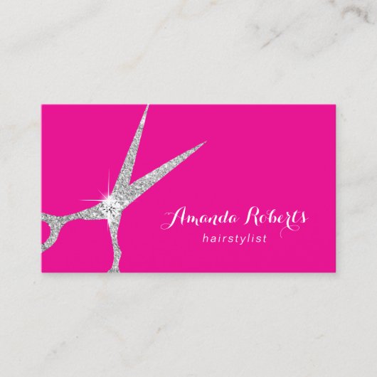 Friseurstylistin Hot Pink Silver Glitzer Schere Sa Visitenkarte (Vorderseite)
