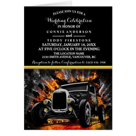 Frisierte Auto Party Feuer Hochzeit Einladung (Vorne)