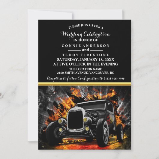 Frisierte Auto Party Feuer Hochzeit Einladung (Vorderseite)