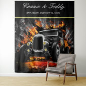 Frisierte Auto Party Feuer Hochzeit Hintergrund Wandteppich (Beispiel)