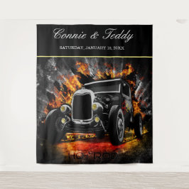 Frisierte Auto Party Feuer Hochzeit Hintergrund Wandteppich