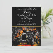 Frisierte Auto-Party-Feuer laden mit Goldfolie Str Einladung (Stehend Vorderseite)