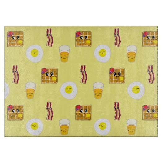 Frittierte Eier, Bacon, Waffeln und Orangensaft Schneidebrett (Vorderseite)