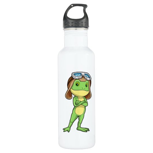 Frog als Pilot mit Hut und Brille Edelstahlflasche (Vorderseite)