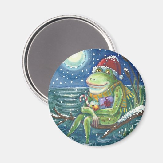 FROG AUF EINEM LOG, URLAUB CHRISTMAS MAGNET RUNDE (Vorderseite/Rückseite)