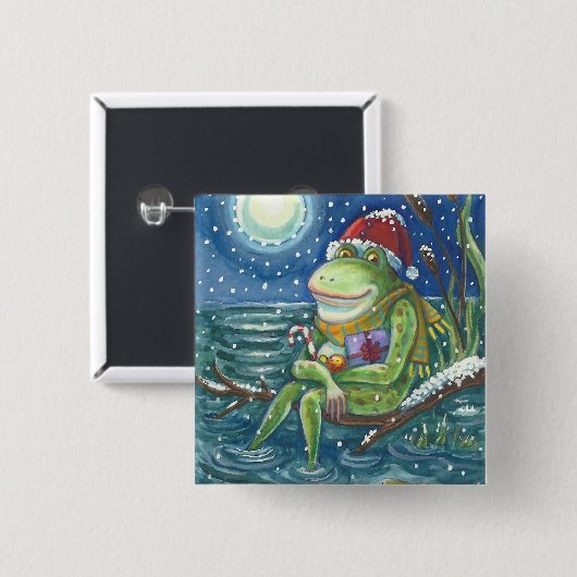 FROG AUF LOG CHRISTMAS HOLIDAY BUTTON Square (Vorne & Hinten)