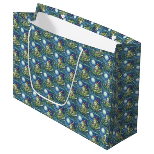FROG AUF LOG SANTA, CHRISTMAS GROSSE GIFT BAG GROßE GESCHENKTÜTE (Vorderseite Schrägansicht)