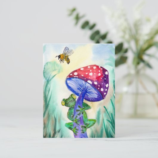 Frog auf Pilz will Biene Postkarte (Stehend Vorderseite)