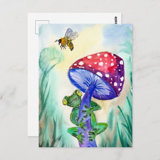 Frog auf Pilz will Biene Postkarte (Vorne/Hinten)