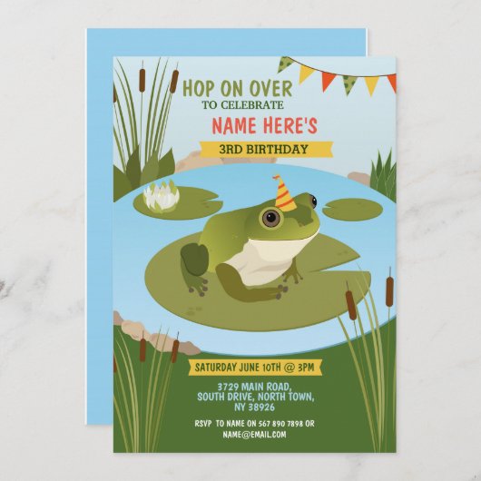 Frog Birthday Party Hop auf Over To Party! Einladung (Vorne/Hinten)