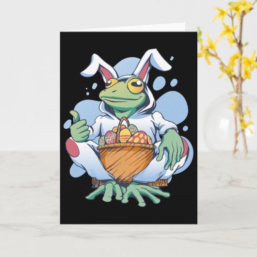 Frog Dressed As Easter Bunny With Eggs  Karte (Gelbe Blume)