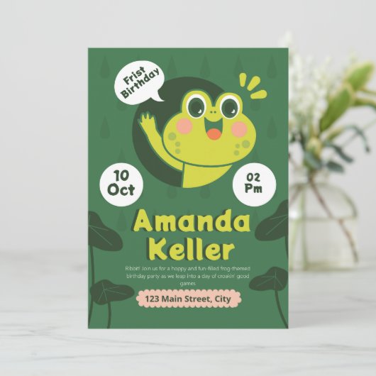 Frog Einladung zum ersten Geburtstag (Stehend Vorderseite)