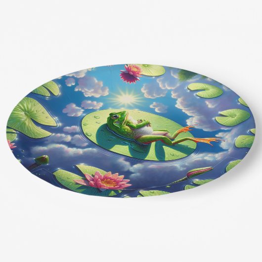 Frog entspannt auf einem Lilienwagen Pappteller (Schrägansicht)